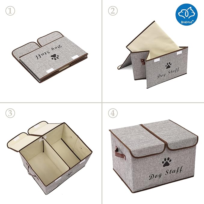 Large Dog Toys Storage Box Canvas Storage Basket Bin Organizer with Lid - Collapsible Linen Bin Ideal for Organizing Dog Cat Toys and pet Stuff-PP Boad-17" x 12" x 10" - Gray - Image 5