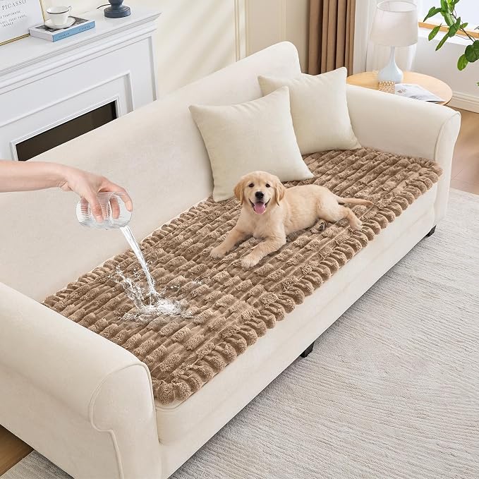 Waterproof Dog Couch Cover, Non Slip Pet Sofa Protector, Thick Fuzzy Couch Cover for Dogs, Machine Washable Furniture Protector, Scratch Resistant Pet Couch Mat(Leather color, 28" x 71"/70 x 180cm) by Taque