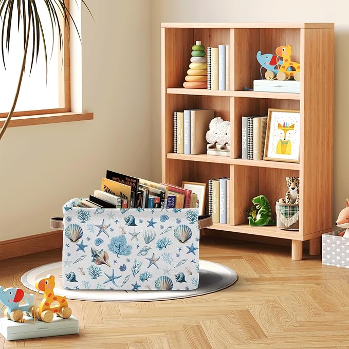 Sea Shells Starfish Rectangle Storage Basket - Ocean Themed Collection Collapsible Storage Baskets with Handles - Ocean Conch Pattern Storages Bin for Kids Clothes, Gifts, Books, Toys - Image 3