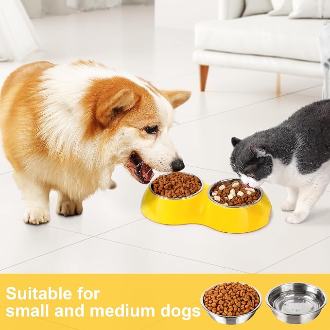 Stainless Steel Dog Bowls Set – Dual Non-Slip Pet Dishes with 2 Small (4oz*2) Bowls & Durable Resin Stand,Food & Water Feeder for Puppies, Kittens, and Small Breed Dogs – Yellow - Image 3