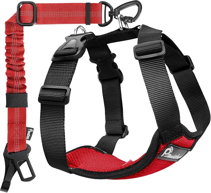 Pawaboo Dog Seat Belt Harness for Car, Seatbelt Harness with 2 in 1 Buckle | Adjustable Breathable Harness for Car, Elastic Reflective Heavy Duty Dog Tether, for Small Medium Large Pets, S, Red by Pawaboo