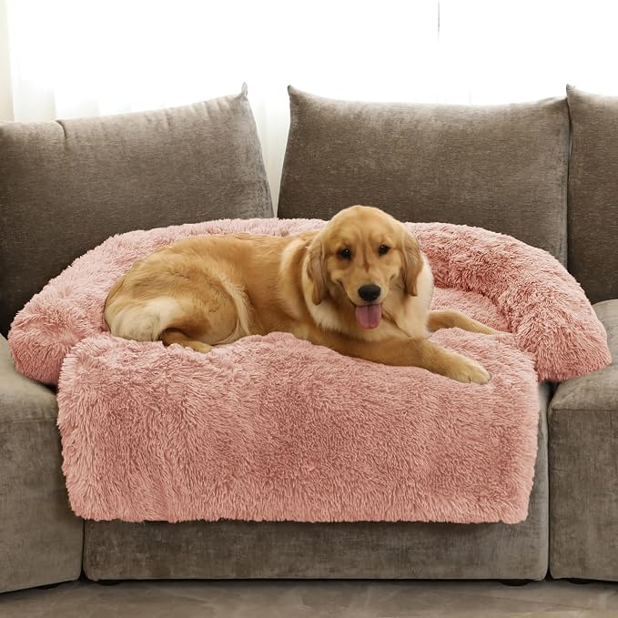 GGIB Calming Dog Bed Fluffy Plush Dog Mat for Furniture Protector with Removable Washable Cover for Large Medium Small Dogs and Cats (Extra Large (53x39.3x6), Pink) by GGIB