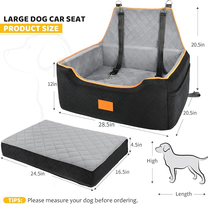 XIEEAOZEE Dog Car Seat for Large/Medium Dog, Booster Seat for Dogs Under 55Lbs or 2 Small, Detachable and Washable Travel Pet Seat with Thick Cushion and Storage Pockets (Black/Gray) - Image 2