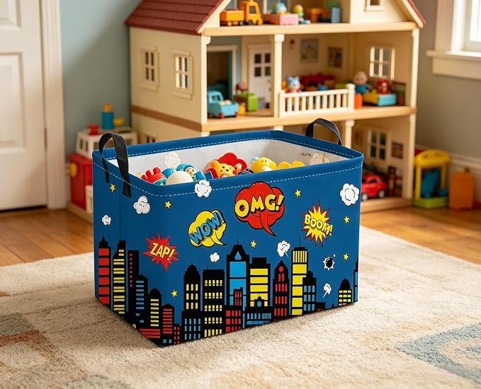 Sanjiaofeng Rectangular Blue City Hero Skyline Basket,Baby Storage Bins with Handles,Comics Hero Kid Basket,Building Silhouettes Storage Bin,Room Decor(Building) - Image 6