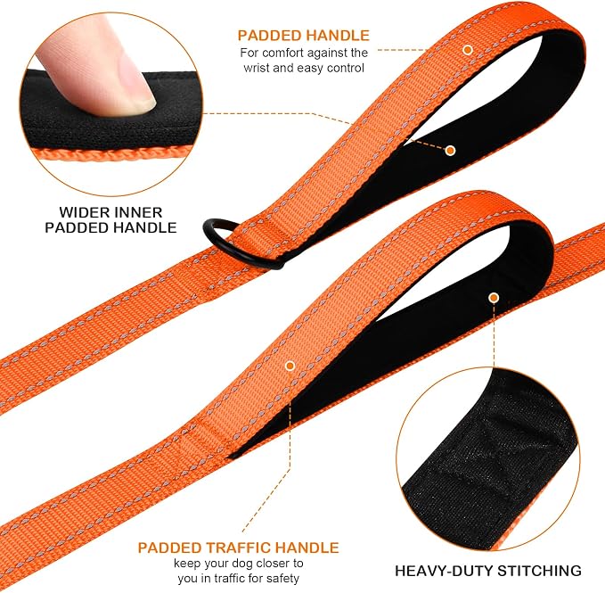 Joytale Dog Leash for Large Dogs that Pull, Double Handle, 5FT, Orange | Traffic Handle for Control, Padded Handle Reduces Hand Strain, Reflective Stitching for Night Safety, Strong Nylon Webbing - Image 2