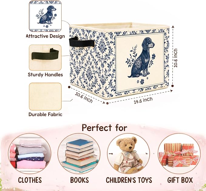 Blue Floral Dog Storage Bin, Foldable Fabric Organizer | Vintage blue floral dog storage bin for toys, books, clothes, pet supplies, nurseries, bedrooms, shelves, and closets. - Image 4
