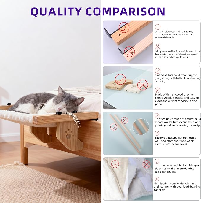 ESPETS Wooden Cat Window Hammock for Large Cats, White Kitten Window Perch | Solid Wood Window Ledge Perch, Sturdy Large Size Shelves, Soft Thick Removable Cushion, Easy Assemble Adjustable, Hold 50LBS - Image 8