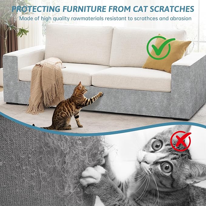 Heavy Duty Cat Scratch Mat for Couch Furniture(Light Gray, 39.3" x 15.8") | Self-Adhesive Cat Scratcher Carpet, Trimmable DIY Cat Scratch Pad, Furniture Protector for Couch,Sofa,Door & Cat Tree - Image 2