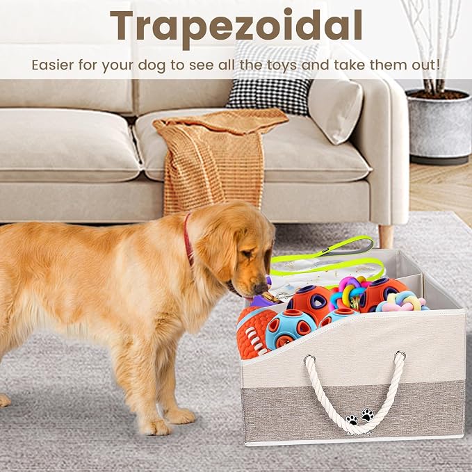 Large Dog Toy Basket with Handle, Foldable Dog Toy Box for Living Room Area , 28.5" Basket for Dog's Supplies, Organizer and Storage with Hard Board, Anti-Slip for Pet Toys (Brown, Large 28.5"×15") - Image 3
