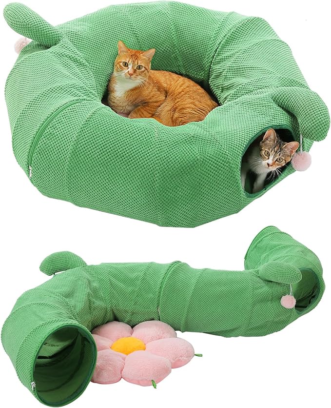 PEQULTI Flower Donut Cat Tunnel Bed Washable Plush Mat Multi for Small Pets | Round play tube with soft detachable plush mat, multi-pet toy fit indoor cats, kittens, puppies, rabbits and ferrets by PEQULTI