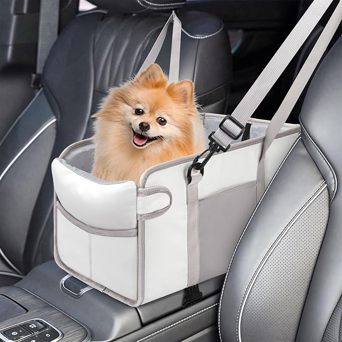 Portable Dog Car Seat for Small Dogs, Puppy Car Seat, Beige | Booster Seat With Safety Leash & Adjustable Straps Keeps Small Dogs Secure. Removable Washable Cushion. Fits Most Cars. by NECKORY
