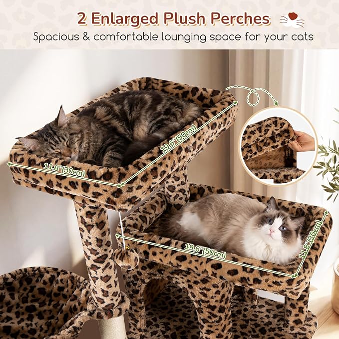 Globlazer 80in Extra Large Leopard Cat Tree Tower S80G, Leopard Print | Multi-Level Cat Condo For Multiple Indoor Cats Large Adult Kittens, Scratching Posts, Widened Perches, Adjustable Baskets - Image 2