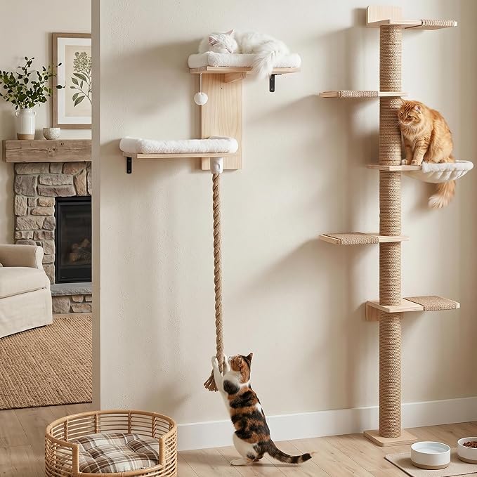 Cat Wall Shelves, 2 Beds with 4.92 ft Cat Scratching Post Rope | Tree Shape Cat Wall Furniture Set, Kitten Floating Shelf with Soft Cushion Perch, Solid Wood Cat Perch for Climb, Play, Nap - Image 3