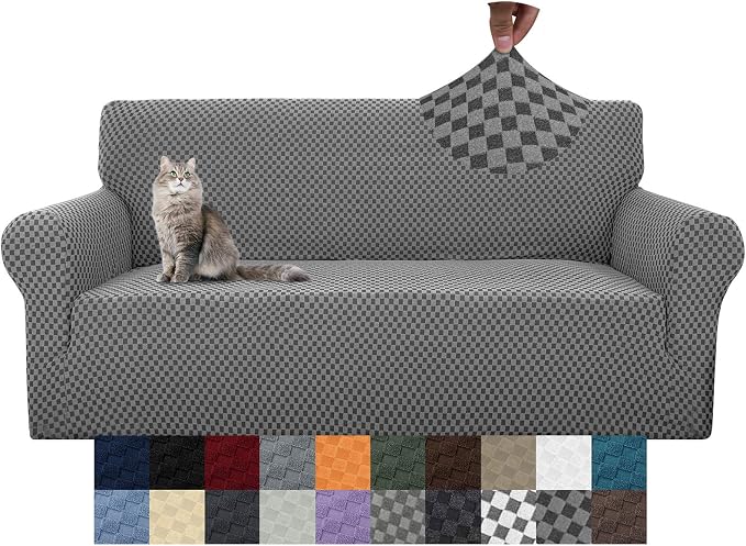 YEMYHOM Couch Cover Latest Jacquard Design High Stretch Sofa Covers for 3 Cushion Couch, Pet Dog Cat Proof Slipcover Non Slip Magic Elastic Furniture Protector (Large, Dark Gray Checkered) by YEMYHOM