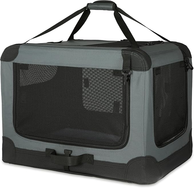 Amazon Basics 4-Door Portable Folding Soft Dog Crate, Collapsible Travel Kennel for Cat, Dog, and Other Small Animals, Pop Up with Easy Transportation, Grey, M 30" x 21" x 21" by AmazonBasics