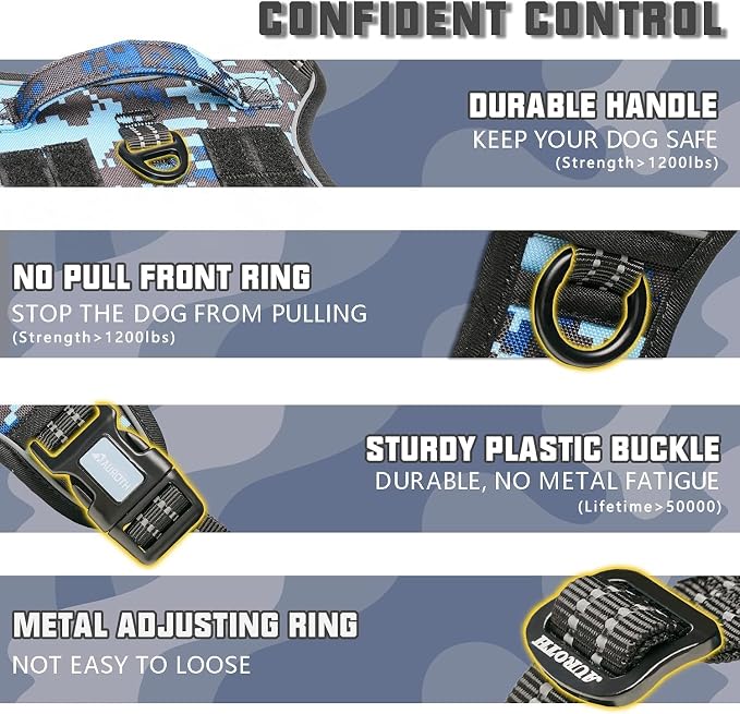 Auroth Tactical Dog Training Harness No Pulling Front Clip Leash Adhesion Reflective K9 Pet Working Vest Easy Control for Small Medium Large Dogs Blue Camo XL | Easy Control Handle, Adjustable, Reflective, Military K9, for Doberman Husky Walking Huntin... - Image 2