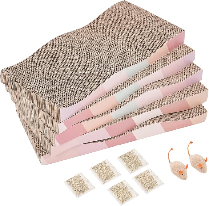 SIDAZON Cat Scratching Pads Cardboard Cat Scratchers for Indoor Cats Reversible Large Wide Corrugated with Catnip and Mini Toy(5pcs) by SIDAZON