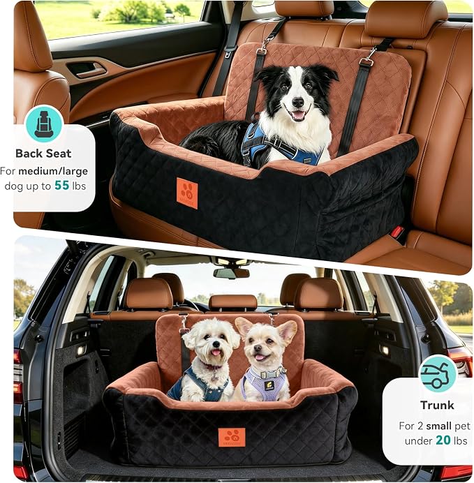 Dog Car Seat for Large/Medium Dogs Up to 55 Lbs, Soft Fabric Car Dog Bed | Removable and Washable Pet Booster Car Seat with 2 Safety Leashes, Thick Cushion (Black/Bronw) - Image 3
