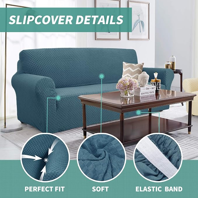 YEMYHOM Couch Cover Latest Jacquard Design High Stretch Sofa Covers for 2 Cushion Couch, Pet Dog Cat Proof Loveseat Slipcover Non Slip Magic Elastic Furniture Protector (Medium, Teal) - Image 3