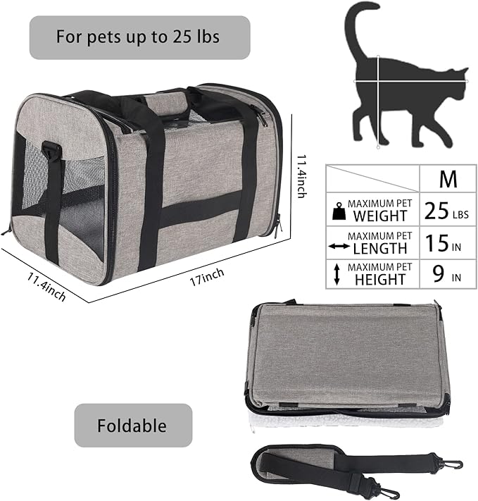 Cat Carrying Case - Pet Carrier Airline Approved, Protable and Breathable Pet Travel Carrier Removable Fleece Pad, Collapsible Cat Carrier Dog Carrier for Medium Cats Small Cats Dogs (Grey&Black M) - Image 2