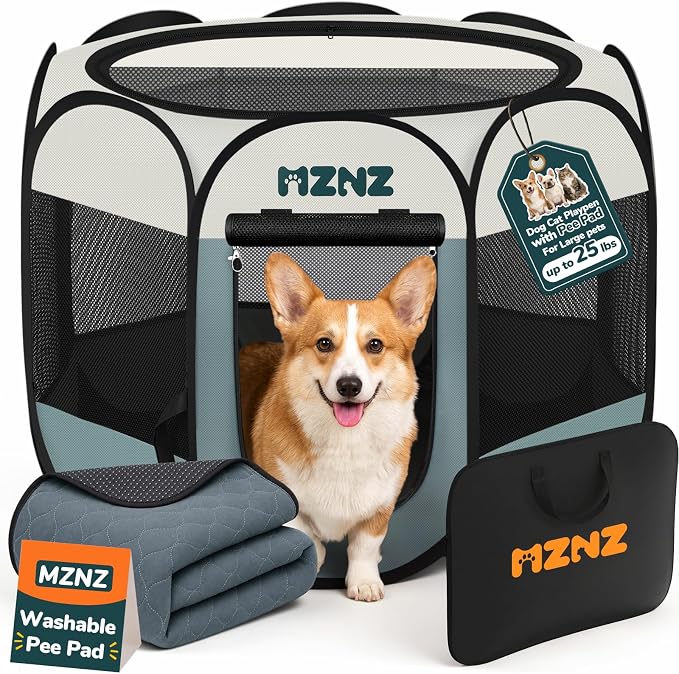 Dog Cat Small Animal Puppy Playpen Crate with Pee Pad, Medium, Grey | Portable Pop Up Pet Cage Enclosure Tent Kennel Indoor Outdoor with Carrying Case, No Assembly, Camping Use by MZNZ