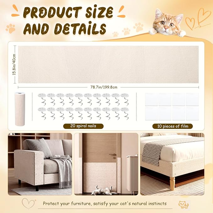 Shinylin 2 Pack Cat Scratch Mat 78.7"x15.8", Beige | Self-Adhesive Trimmable Cat Scratching Carpet, DIY Cat Scratch Pad for Couch Sofa Wall Cats Tree, Durable Furniture Protector - Image 2