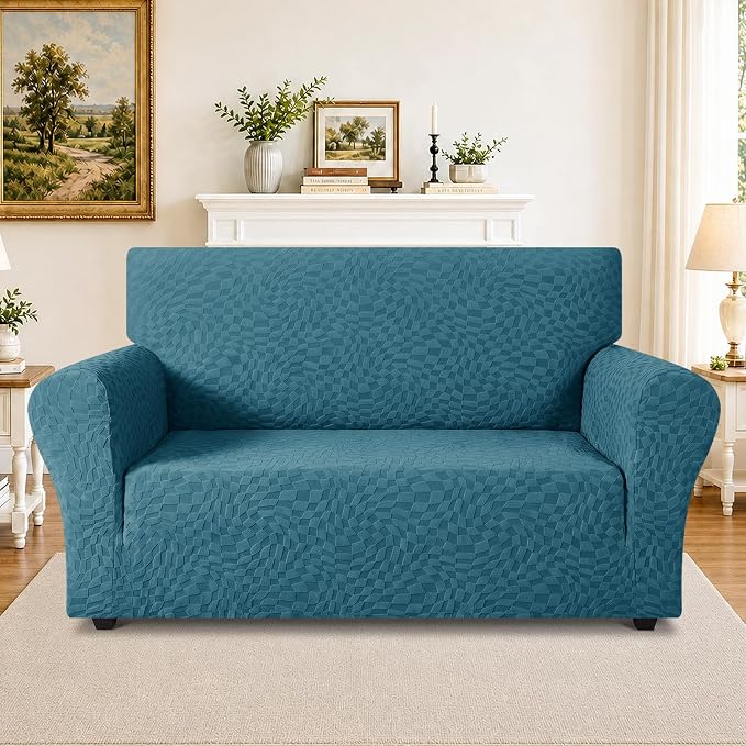 ZNSAYOTX 1 Piece Stretch Loveseat Covers for 2 Cushion Couch (55"-71"), New Plaid Couch Cover with Non-Slip Buckle for Dog Pets, Soft Cozy Washable Sofa Slipcover Form Fit Protector, Teal - Image 2