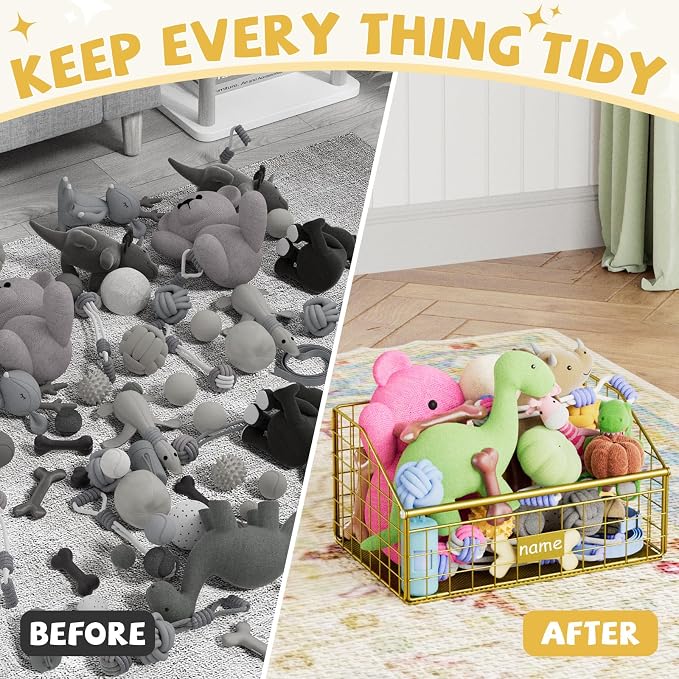 Kaiferty Indestructible Dog Toy basket, Small Toy Box for Dogs, Pet Toy Bin Dog Metal Basket for Toys, Toy Storage Organizer, Cat Toy Box for Living Room Area(Gold) - Image 5