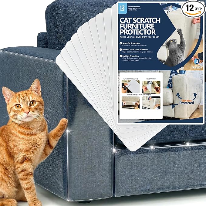 Furniture Protector from Cats, 12-Pack Anti-Scratching Sticky Tape, Scratch Deterrent, Cat Scratch Furniture Protector, Couch Protector from Cat Claws, Sofa Corners, Couch Corner Protector for Cats by SleekGuards