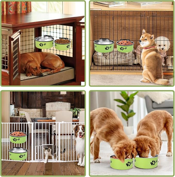 Dog Crate Water Bowl, 54oz & 34oz No Spill Crate Food and Water Bowl | Stainless Steel Kennel Bowls Mountable for Medium and Large Dogs, Cats and Pets, Set of 2, Green (7.1x2.9” & 6.2x2.6”) - Image 7