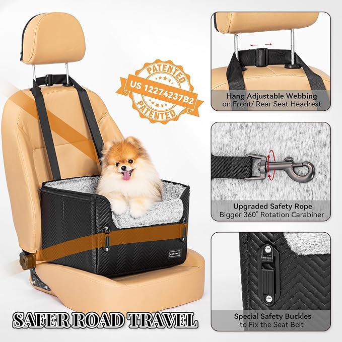 PETSFIT Small Dog Car Seat, Waterproof PU Leather Dog Carseat with Patent Safe Buckles, Clip-On Leash, Car Seat for Dogs, Cats Up to 25 lbs (Glossy Black) - Image 3