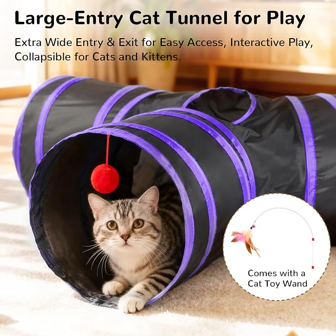 Tempcore Cat Tunnel for Indoor Cats, 3 Way Collapsible Pet Play Tunnel with Teaser Wand, Peek Holes & Hanging Ball, Interactive Tube for Kittens & Rabbits, Black & Purple - Image 4