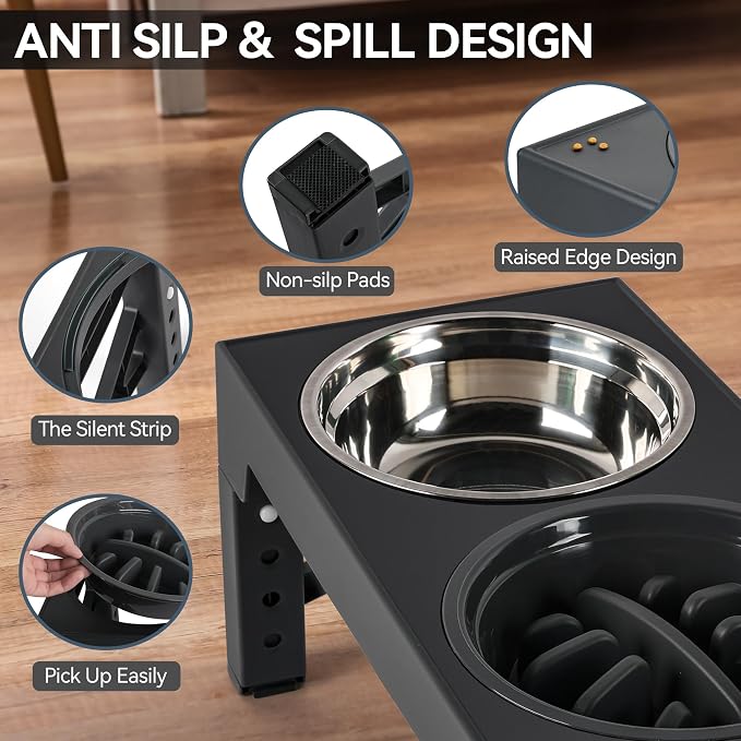PAWISE Elevated Dog Bowls, 5 Height Adjustable Raised Dog Bowl Stand with 1 Slow Feeder Bowl & 2 Stainless Steel Bowls, Non-Slip Dog Feeding Station for Large, Medium, Small Dogs and Cats, Black - Image 6