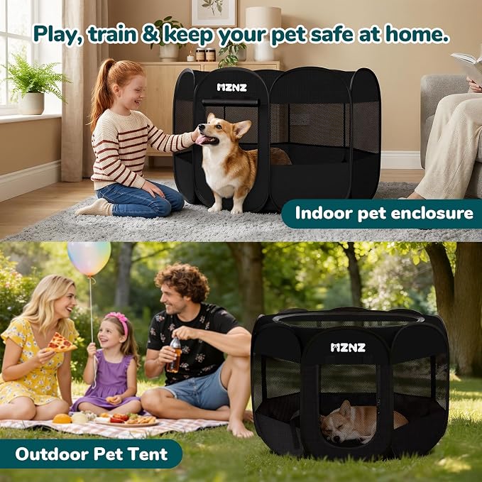 Dog Cat Small Animal Puppy Playpen Crate, Medium, Whole Black | Portable Pop Up Pet Cage Enclosure Tent Kennel Indoor Outdoor with Carrying Case, No Assembly, Camping Use - Image 5