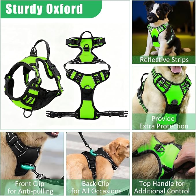 No Pull Dog Harness Adjustable Collar & Leash Set - Dog Halter Harnesses Collapsible Bowls & Poop Bag Dispenser Muzzle ID Tags Toys Fits Small Medium Large Dogs (Green-XL) - Image 3