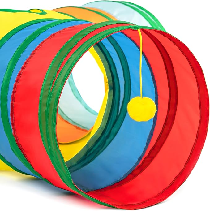 Tempcore Cat Tunnel for Indoor Cats, 3 Way Collapsible Pet Play Tunnel with Teaser Wand, Peek Holes & Hanging Ball, Interactive Tube for Kittens & Rabbits, Rainbow - Image 4