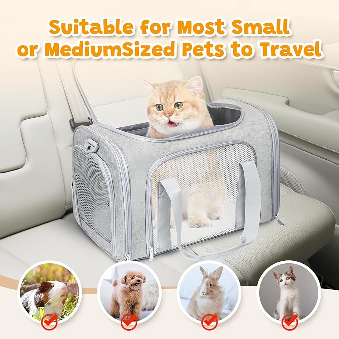 Cat Carrier Soft Up to 16 Lbs, Breathable Pet Travel Bag with Steel Frame | Lockable Zippers, Fits Small Dog, Kitten, and Rabbit,Medium Travel Carrying Case for Kennel Car Airline Transport，Grey - Image 4