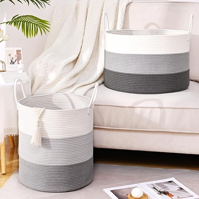67L Large Woven Blanket Basket, Cotton Rope Baby Laundry Hamper with Handles, Kids Toy Basket for Classroom & Nursery, Soft Round Stuffed Animal Storage, Dog Toy Bin - 20"x13", Gray - Image 8