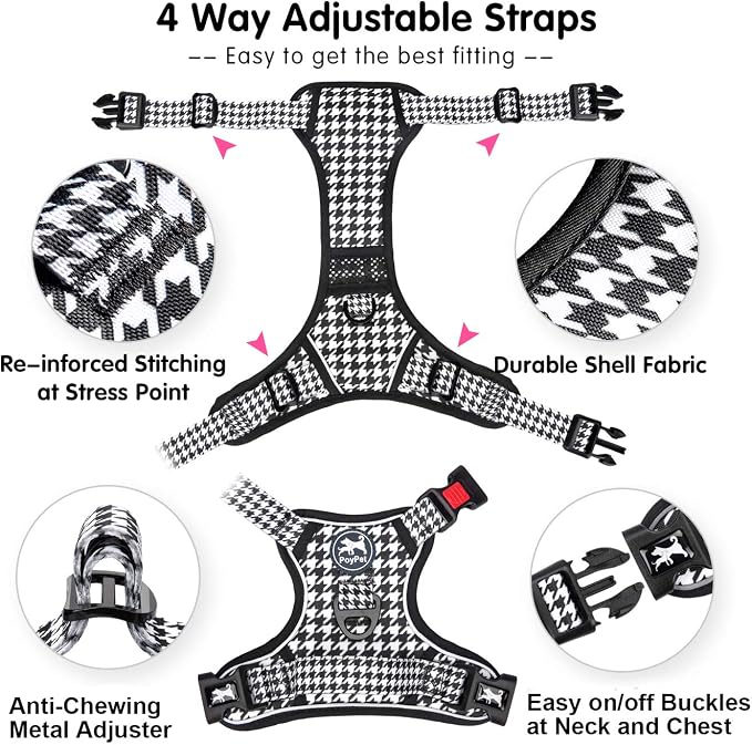 PoyPet Plaid Dog Harness Medium, No Pull Vest with Front Clip & Neck Buckle | Padded Handle, Reflective, No Choke, Lockable, 2 Leash Rings, Full Adjustable, for Training Walking, M, Houndstooth - Image 4