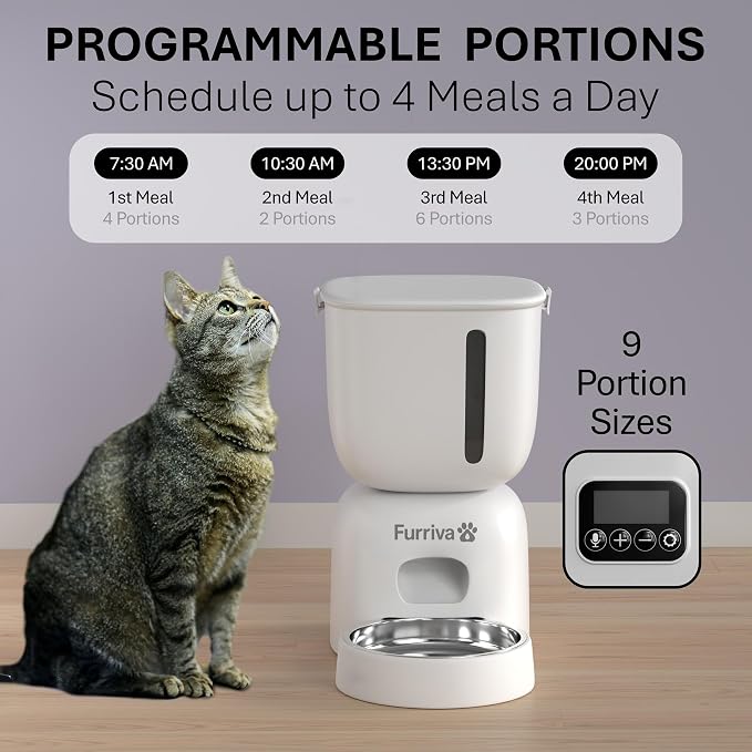 Automatic Cat Feeder and Water Fountain Set, White - 3L Food and Water Dispenser, Locking Lid, Plug-in/Battery Powered, Programmable Portions, 4 Meals/Day, 10s Voice Recorder for Cats and Small Dogs - Image 2