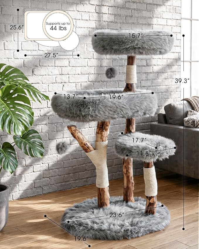 Real Branch Cat Tree, Natural Wood Cat Tower for Indoor Cats | Real Tree Branches no Processed Wood, 44 lbs Capacity, Premium Faux Fur Perches, 23.6" Anti-Tip Base, 30-Min Assembly - Image 7