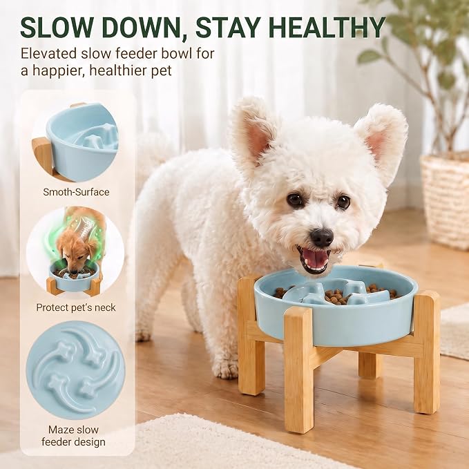 Elevated Ceramic Slow Feeder Dog Bowls Anti-Choking Slow Feeding for Small&Medium Size Anti-Slip Non-Lead & Toxic Durable Easy to Clean Maze Slow Feeder Bowl（8.26in Mint Blue Stars Pattern） - Image 2