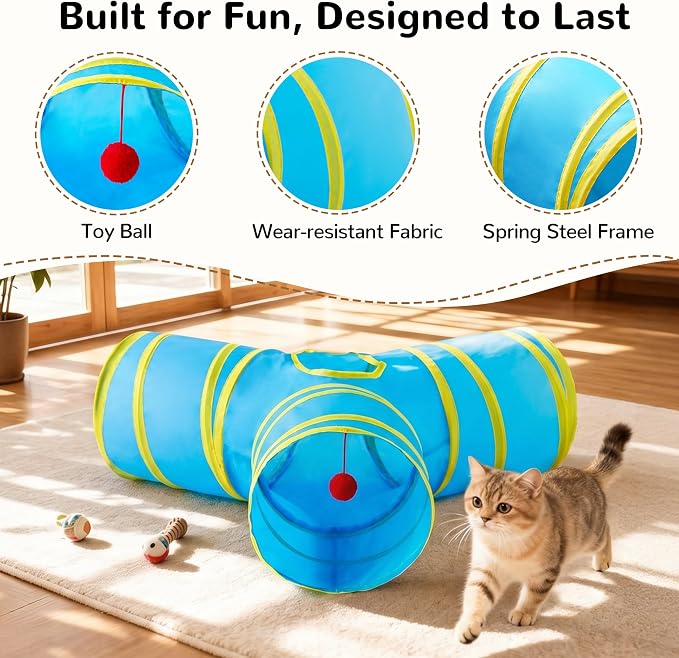 Tempcore Cat Tunnel for Indoor Cats, 3 Way Collapsible Pet Play Tunnel with Teaser Wand, Peek Holes & Hanging Ball, Interactive Tube for Kittens & Rabbits, Blue & Yellow - Image 5
