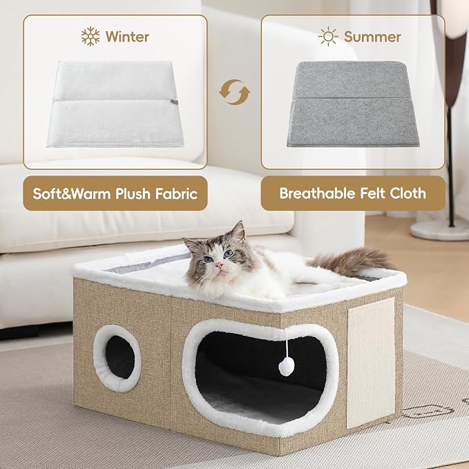 Extra Wide Cat Houses for Indoor Cats, Large Covered Cat Bed Cave | Foldable Kitten Bed House with Fluffy Ball and Scratch Pad, Large Cat Condo Tent for Multiple Pets, 23.6x16x13 inches, Khaki‌ - Image 3