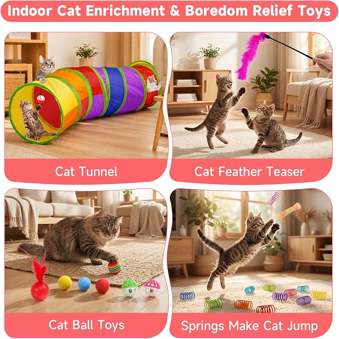 AILUKI 33PCS Cat Toys Variety Pack for Indoor Cats, Kitten Toys Cat Tunnel | Kitten Toys for Indoor Kittens Cat Toy Bundle Set with Feather Teaser Wand, Springs Balls Bell Mice & Interactive Cat Toys - Image 4