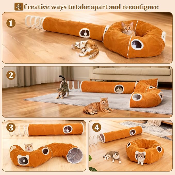 Ownpets 2-in-1 Cat Tunnel Large Lollipop Collapsible Cave Plush 12"D Orange | Foldable Tunnel Bed, Fluffy Ball, Multi-Exit Maze, For Cats Kittens Puppies Rabbits, Soft Plush, Easy Store, Cozy Hiding Spot - Image 3