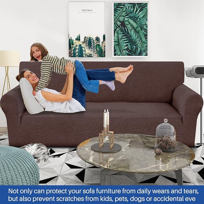YEMYHOM Couch Cover Latest Jacquard Design High Stretch Sofa Covers for 3 Cushion Couch, Pet Dog Cat Proof Slipcover Non Slip Magic Elastic Furniture Protector (Large, Begonia Leaf Coffee) - Image 2