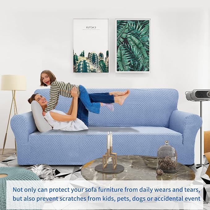 ZNSAYOTX 1 Piece Jacquard Couch Covers for 2 Cushion Couch High Stretch Loveseat Slipcover for Pets Dogs Anti Slip Love Seat Sofa Slipcover Furniture Protector (Medium, Light Blue) - Image 2