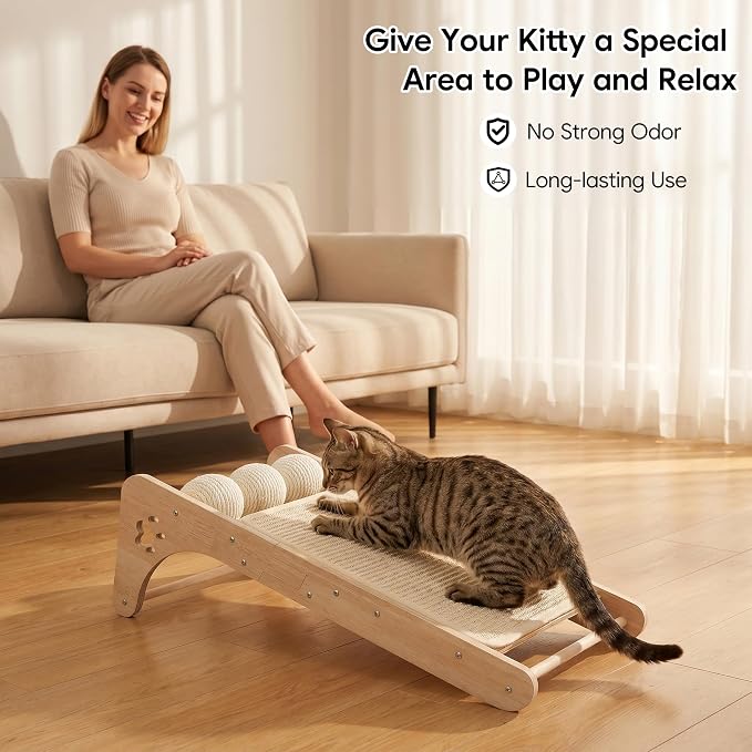 Cat Scratcher for Indoor Cats, Sisal Cat Scratching Board with 3 Sisal Scratch Balls, Solid Wood Cat Scratchers Pad Ramp, L-Shaped Cat Scratching Post - Image 5