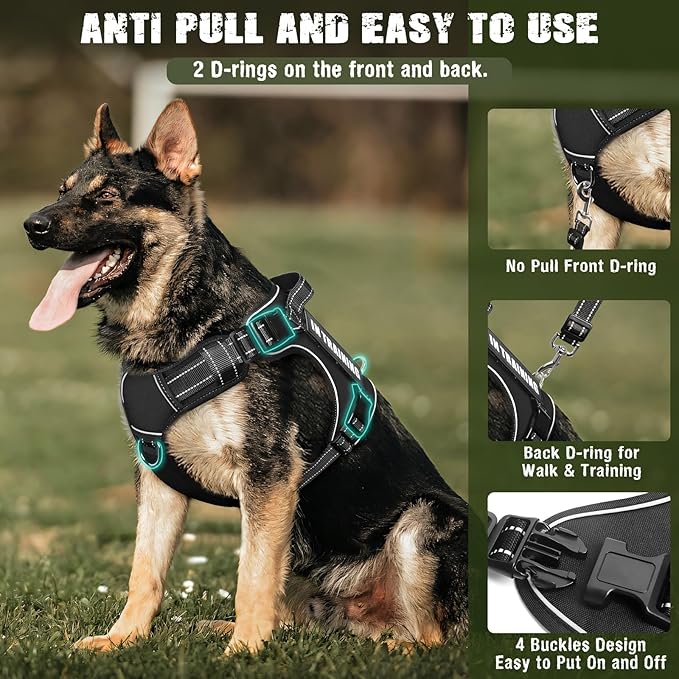 Tactical Dog Harness and Leash Set for Large Dogs+10 Dog Patches | Heavy Duty No Pull Service Dog Vest with Dog Seat Belt,Padded Handles,Adjustable Reflective for Training Hiking Black L - Image 2